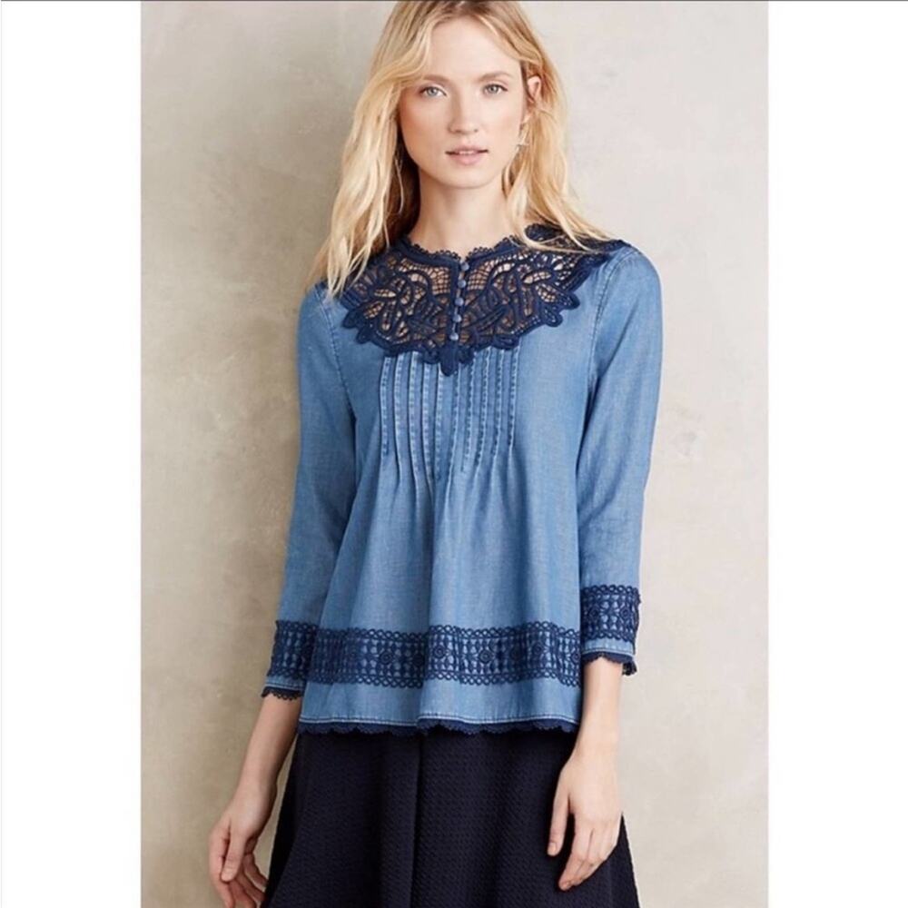 Anthropologie Holding Horses Petra Chambray Lace Western Peasant Top 10